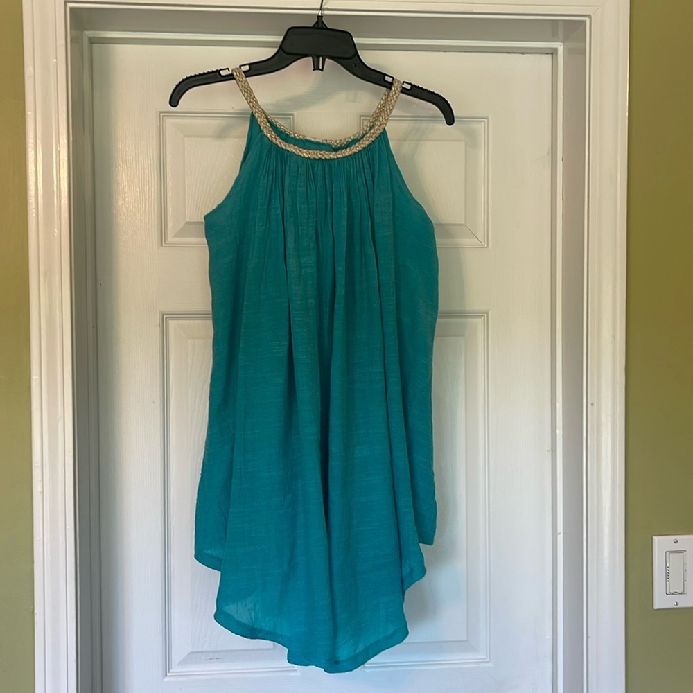 Turquoise beachy, flowy cover-up - glitter braided neckline - size M